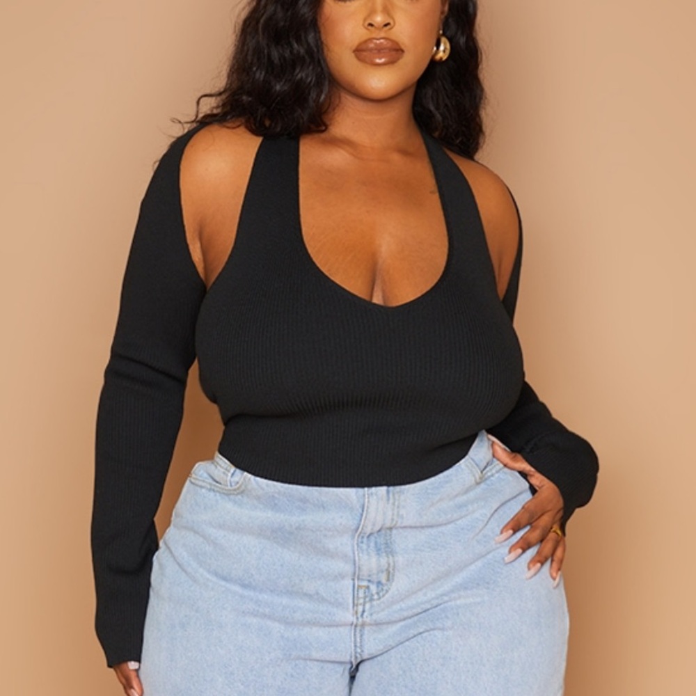 Black Rib Knof Bralet/Long Sleeve Top